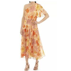 Taylor Floral Asymmetrical Neckline One Short Sleeve Ruffle Trim Midi Dress